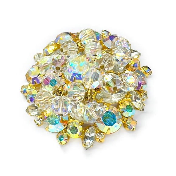 Vintage Domed Juliana D&E AB Rhinestone & AB Crystal Bead Cluster/Cha-Cha Brooch - Picture 1 of 9